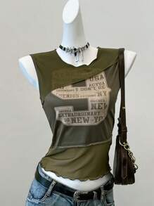 SHEIN EZwear 夏季音乐会女款西部图形音乐节图案短款字母印花上衣