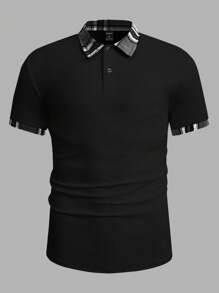Manfinity VCAY Men's Casual Knitted Patchwork Woven Plaid Collared Short Sleeve Polo Shirt, Suitable For Everyday Wear - Black - View 3