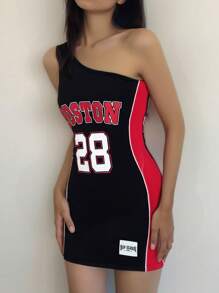 SHEIN 青少年女孩 Y2K 夏季篮球运动紧身运动风格迷你连衣裙，黑色和红色单肩撞色印花，休闲街头服饰和返校时尚 - 黑色 - 查看 3