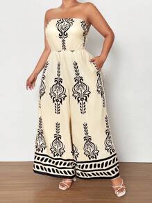 Maweii Plus Size Retro Print Halter Wide Leg Jumpsuit, Casual Resort Wear