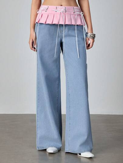 ROMWE Avant Women's Y2K Aesthetic Ballet Lace-Up Straight Leg Jeans