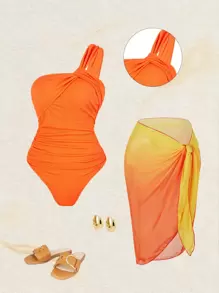 Swim Oasis 2 piezas Traje de baño de una pieza con un solo hombro y falda de cobertura de tela texturizada para mujer de talla grande, estampado de color degradado, estilo de vacaciones en la playa, atuendo para vacaciones de verano en la playa - Naranja - Ver 1
