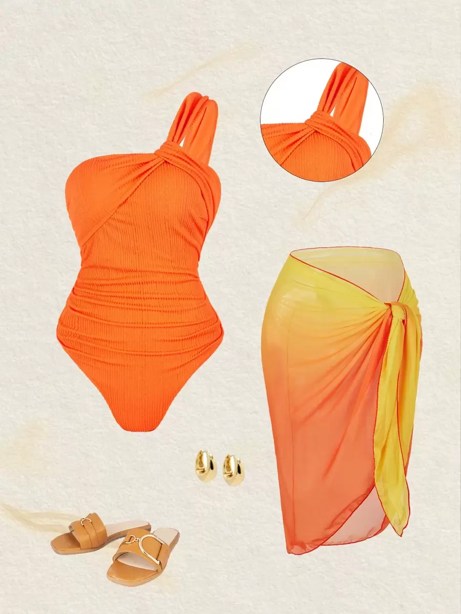 Swim Oasis 2 piezas Traje de baño de una pieza con un solo hombro y falda de cobertura de tela texturizada para mujer de talla grande, estampado de color degradado, estilo de vacaciones en la playa, atuendo para vacaciones de verano en la playa - Naranja - Ver 1