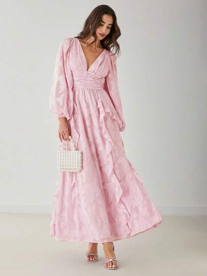 Enchnt Spring/Summer Romantic Women's Pastel Pink Deep V-Neck Lantern Sleeve Ruffle Hem Cut Flower Maxi Dress,Sweet&Elegant&Modest For Birthday&Holiday Party&Sweet Date&Vacation&Graduation Season&Fairycore,Summer Outfits For Women,Wedding Guest Dress Women,Bridal Shower Dress White,Concert Outfit Women,Easter Outfit Women,Bohemia