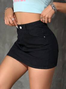 SHEIN PETITE 女士休闲百搭口袋紧身牛仔半身裙 - 黑色 - 查看 5