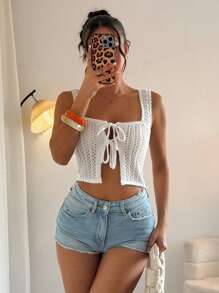 Chiquease Sleeveless Women Hollow Out Knitted Top With Front Bowknot & Square Neck - White - View 1