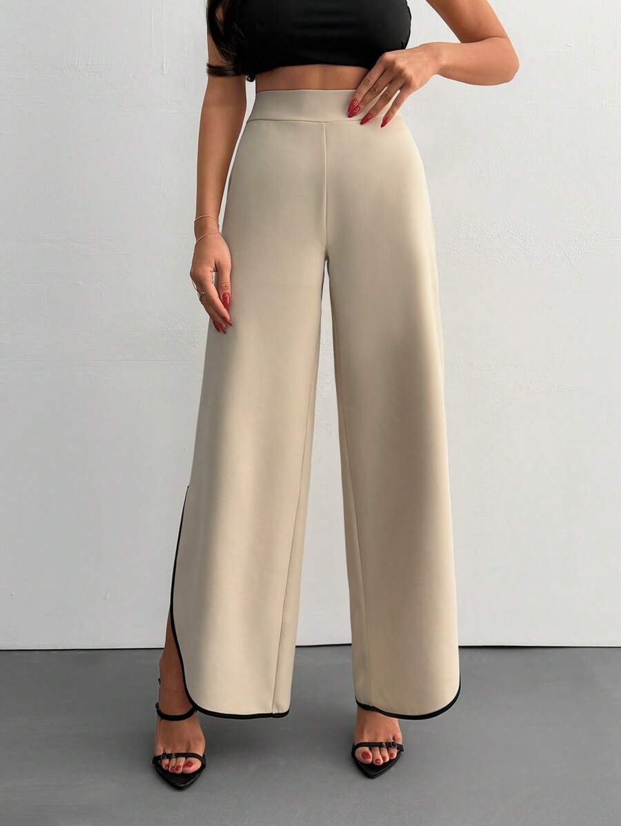 EURMUSE 女士纯色针织西装裤，撞色绑带细节，开衩下摆，时尚办公室女士优雅外出