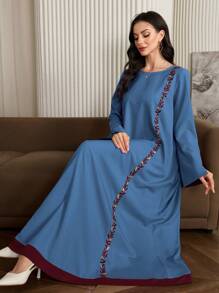 Al Najma 女式优雅拼色刺绣朴素时尚阿拉伯风格长裙，春/秋 - 霧霾藍 - 查看 7