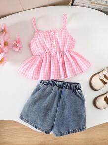 SHEIN 2pcs/Set Baby Girl Spring&Summer Casual Style,Plain Sleeveless Slip Top&Bowknot Decoration Short Jeans