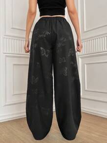 Calvaya Plus Size Butterfly & Floral Embroidery High Waisted Wide Leg Blazer Pants - Black - View 2