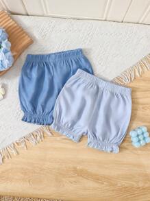 2pcs/Set Infant Baby Girls' Simple Solid Blue Color Lantern Shorts Set, Comfortable Casual Outfit Suitable For Home, Vacation Or Daily Wear, Spring/Summer New Arrival, Buy 1 Get 1 Free, Great Value