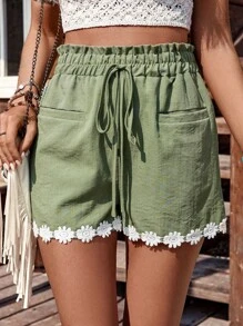 LanaWest Women's Country Music Festival Olive Green Patchwork Floral Trim Waist Ruffled Pockets Casual Vacation Shorts - Olive Green - View 4