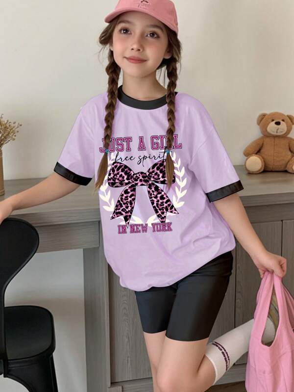 SHEIN Set de 2 piezas de camiseta de manga corta y shorts informales minimalistas para niña pre-adolescente, adecuado para el verano