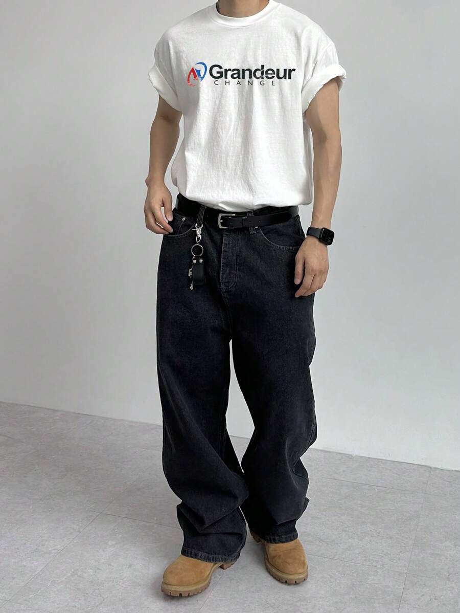 DAZY Summer Abstract Letter Print White T-Shirt For Men - White - View 1