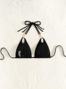 SHEIN Women's Solid Color Halter Neck Backless Bikini Top, Beach/Summer Wear - Black - View 5