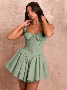 SHEIN BAE Women Elegant Solid Ruched Camisole Lace Patchwork Mini Dress - Mint Green - View 7