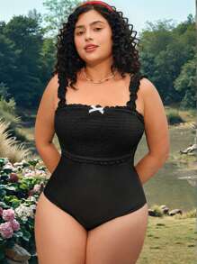 Swim Mod Plus Size Women's One-Piece Swimsuit With Ruffle Trim And Bow Decoration, Cute And Sweet For Beach Holiday
