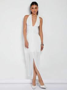 COSMINA Women Deep V Neck Split Hem Sexy Dress - White - View 1