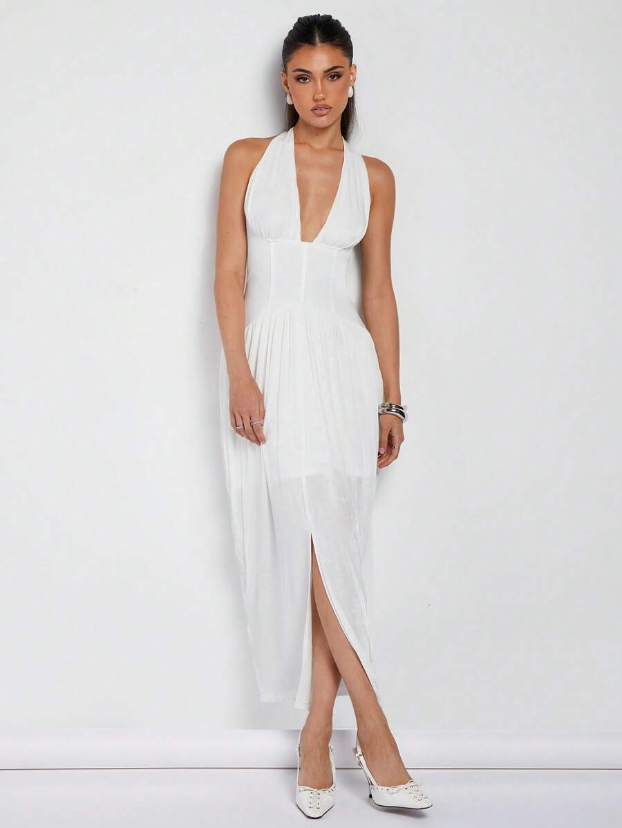 COSMINA Women Deep V Neck Split Hem Sexy Dress - White - View 1