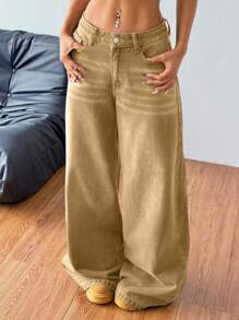 Coolane 女士休闲百搭牛仔裤，带口袋，宽松阔腿裤 - 卡其色 - 查看 6