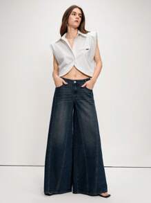 Aveloria Modichic 女士休闲水洗低腰阔腿牛仔裤 - 藍色 - 查看 7