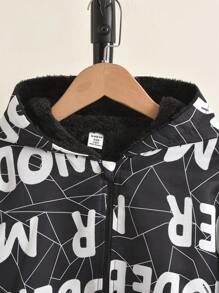 SHEIN Veste à capuche rembourrée thermique pour garçon préadolescent, imprimée de lettres, noir et blanc, vêtement d'extérieur polyvalent pour l'automne/hiver - Noir - Voir 4