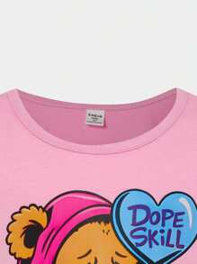Young Girls Sets Fun Bear Print Short-Sleeved T-Shirt Paired With Denim Style Trousers - Pink - View 6