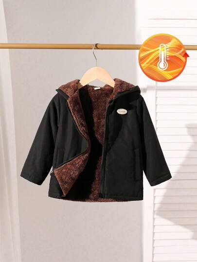 男童休闲简约宽松街头时尚提花保暖连帽拉链外套，适合户外、旅行、上学、冬季穿着