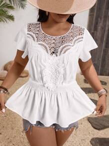 Breezaya Casual Lace Patchwork Plus Size Shirt For Holiday - White - View 1