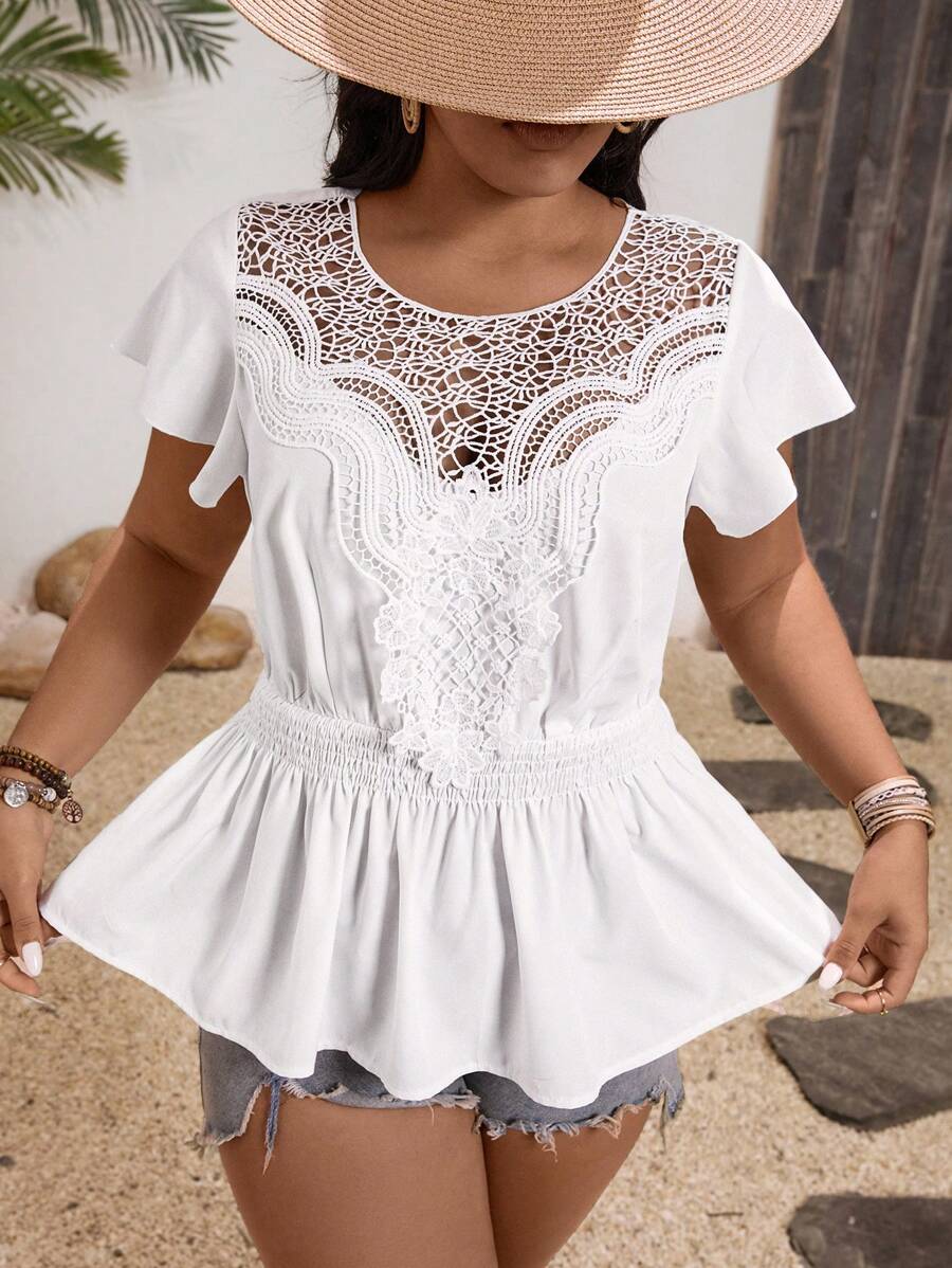 Breezaya Casual Lace Patchwork Plus Size Shirt For Holiday - White - View 1