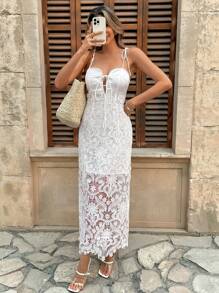Breezaya Vacation Casual Women's Long Lace Splice Hollow Out Spaghetti Strap Backless Dress