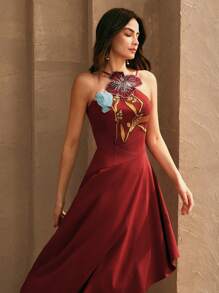 Anewsta Váy midi thêu thanh lịch không đối xứng cho nữ, trang phục mùa hè cho phụ nữ, ngày lễ tình nhân, váy suông cho đêm hẹn hò, thanh lịch, kỳ nghỉ, ngày lễ - Đỏ - Xem 3