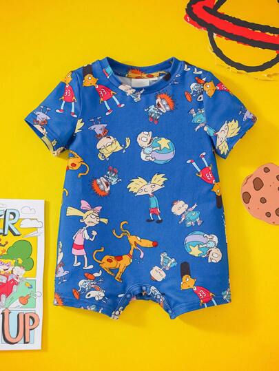 Nick 90s | SHEIN Pelele de punto estampado con estampado multicaracteres de dibujos animados para bebé niño, primavera/verano