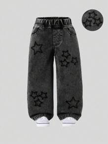 年轻女孩时尚阔腿星星刺绣牛仔裤，休闲宽松直筒水洗牛仔裤，百搭舒适，日常穿搭，2025年新品 - 黑色 - 查看 1