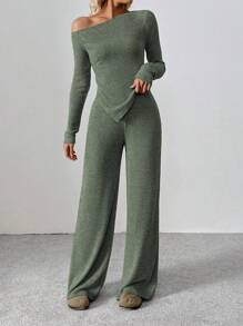 Flirla Tall 女士不对称肩部 T 恤 + 阔腿低腰裤 2 件套舒适冬季休闲休闲套装 - 軍綠色 - 查看 4