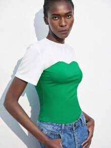 Maija Women's Green & White Color Block Modern Casual Crewneck Fitted Ruched Details Short Sleeve T-Shirt, Versatile Everyday Wear,Fall Women Clothes,European Summer