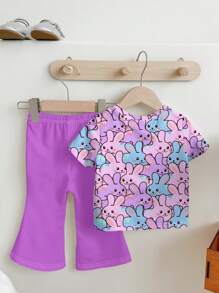 SHEIN Cute Rabbit Print Casual 2Pcs Set, Includes Round Neck Short Sleeve Top & Flare Pants For Young Girls, Suitable For Summer