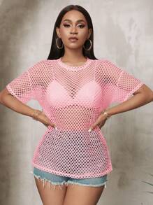 Slaydiva Music Festival Black Versatile Sexy Casual Loose Mesh Crochet Women's Short Sleeved T-Shirt Top - Pink - View 5