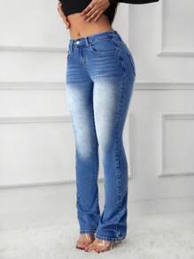 SHEIN Tall Women's Low Waist Stretchy Denim Flare Jeans, Blue