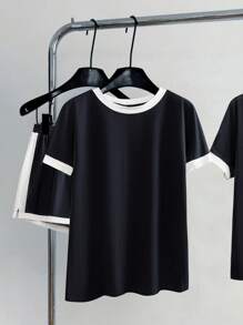 EMERY ROSE 2pcs/Set Summer Women Contrast Trim Round Neck Short Sleeve T-Shirt And Shorts - Black - View 1