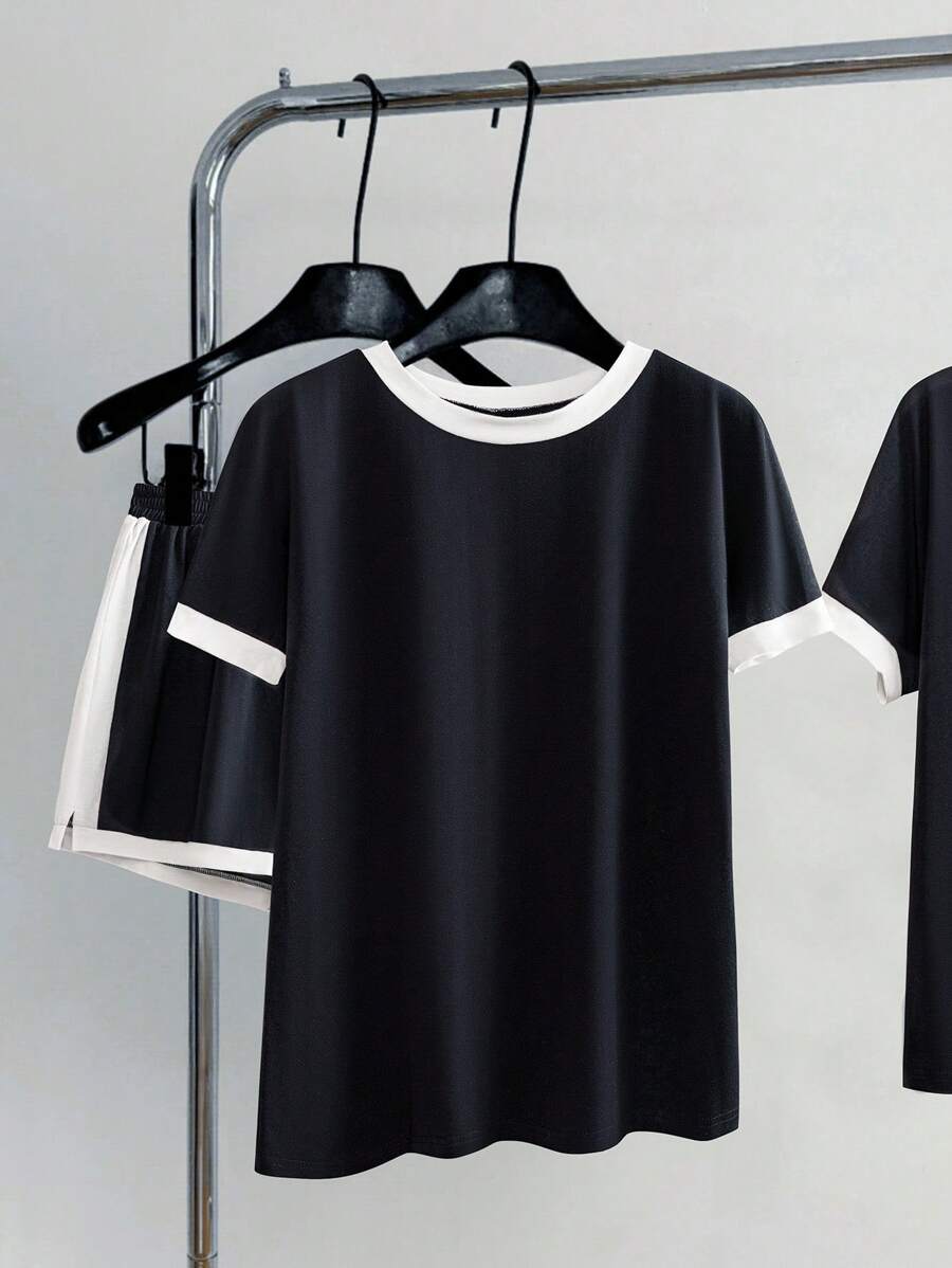 EMERY ROSE 2pcs/Set Summer Women Contrast Trim Round Neck Short Sleeve T-Shirt And Shorts - Black - View 1