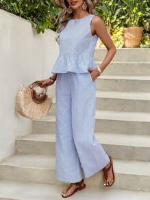 Rusticease 2pcs Women's Striped Ruffle Hem Sleeveless Shirt And Pants Set Summer Vacation Outfits Women - Blue and White - View 3