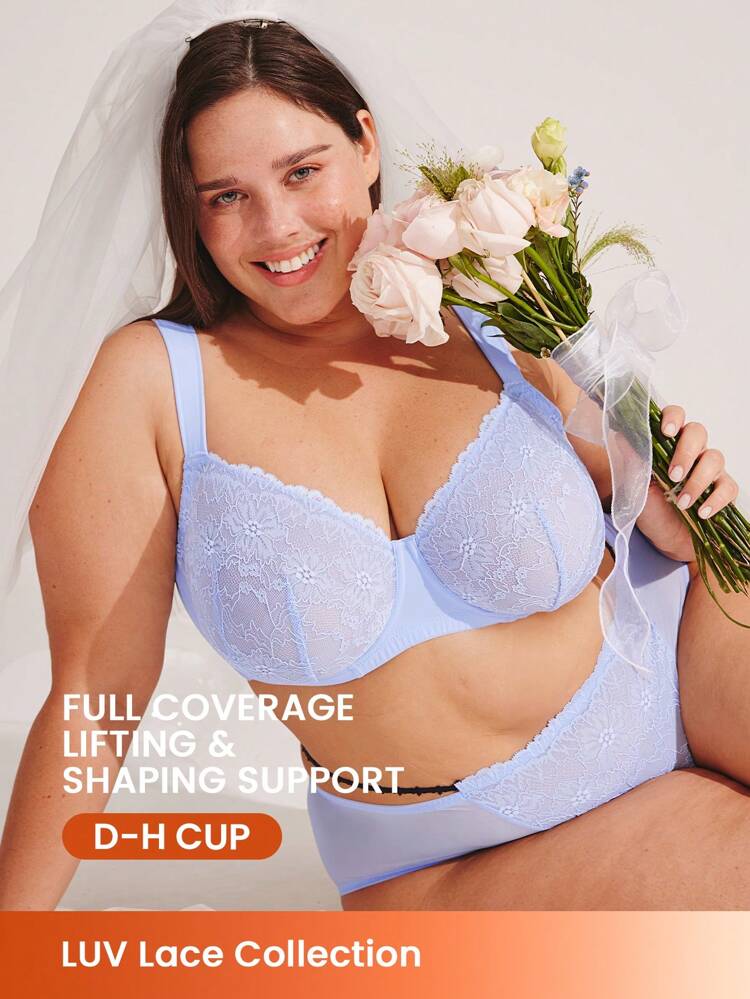 Üppige, atmungsaktive, ungepolsterte Spitzen-Eleganz Lingerie Lounge Kurven Blaue transparente Braut Wäsche Minimizer Hochzeits-BH