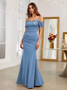 SHEIN Belle Burgundy Red Cold Shoulder Contrast Sequin Mermaid Hem Formal Dress