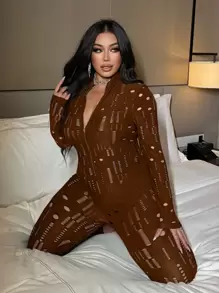 Flirla Mono informal con cremallera y cuello alto calado para mujer talla grande