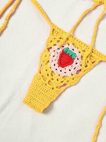 Swim Mod Women's Crochet Strawberry Pattern Halter Top And Tie-Up Triangle Cover-Up Bikini Set, Resort Wear For Summer Beach Vacation - Yellow - View 5