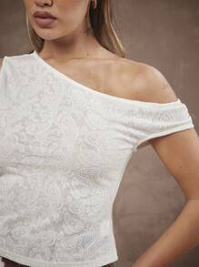Hauture Summer Women, Women, White Paisley Lace Asymmetric Off Shoulder Cami Top, Women Tops, Summer Tops, White Top, Boho Tops, Vacation - White - View 4