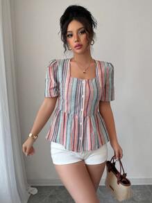 Elenzga Women's Casual Elegant French Romantic Slim Fit Ruffle Trim Striped Short Sleeve Blouse