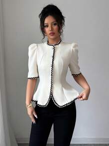 Elenzga 女士撞色饰边短袖衬衫，简约时尚，适合夏季 - 米色 - 查看 6