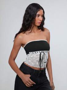 TRNVIE Elegant Colorblock Lace Patchwork Bow Bandeau Top